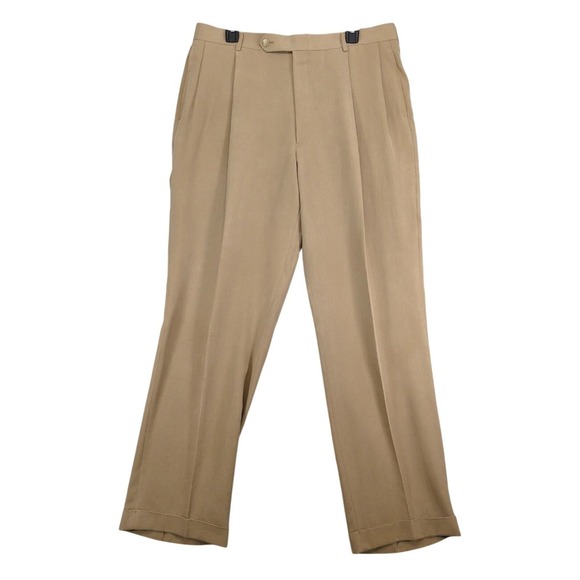 Nautica Other - Nautica 100% Silk Tan Dress Pants Mens 36x32 Pleated Cuffed Quiet Luxury Resort
